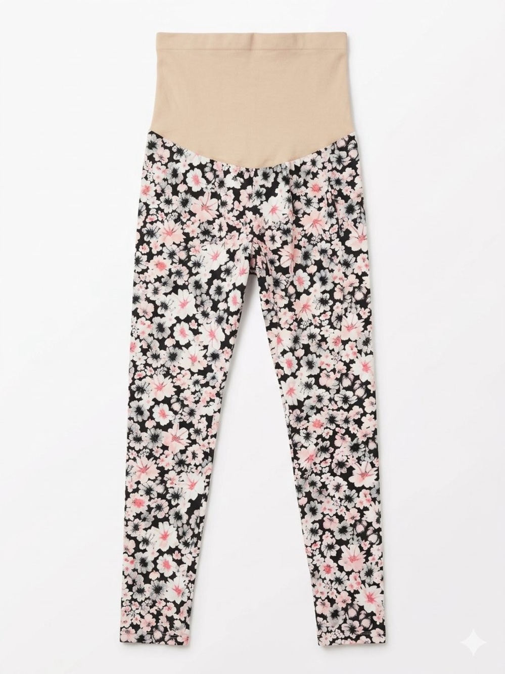 Motherhood Maternity Floral Leggings with Beige Tan Panel in Size Small Womens
